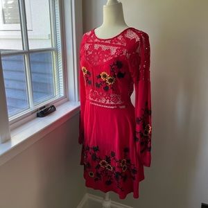 For Love and Lemons sexy red skater dress with lace and embroidery.
